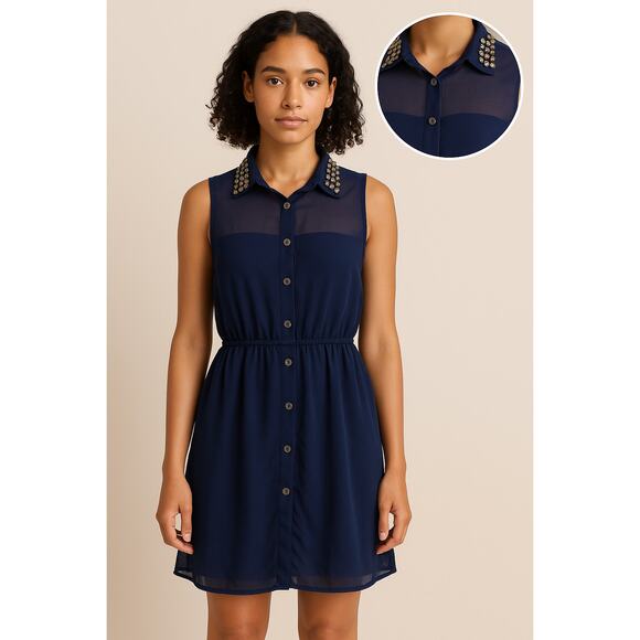 Forever 21 Studded Collar Sheer Navy Mini Dress Large Edgy Party Nightout Retro - Picture 2 of 12